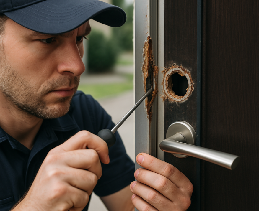Locksmith repairing damaged door frame after break-in